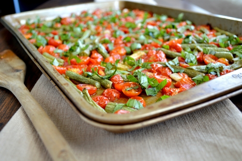 roasted tomatoes and green beans with basil