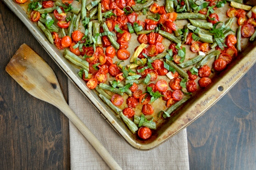 roasted tomatoes and green beans with basil
