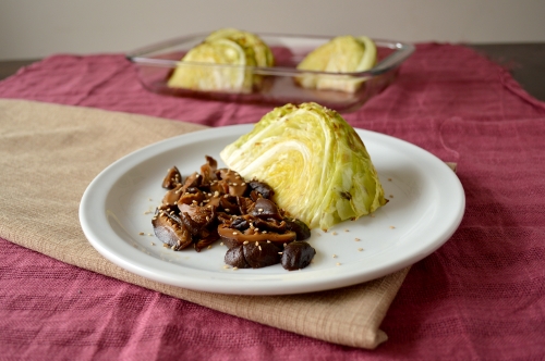 roasted cabbage with soy-glazed mushrooms