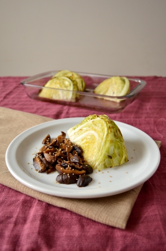 roasted cabbage with soy-glazed mushrooms